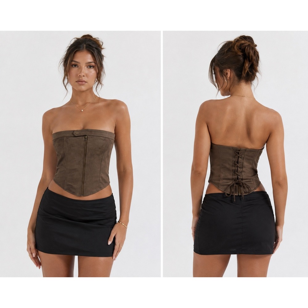 Like An Angel Corset Top L Brown Faux Suede Lace Up Zip Front Western Boho